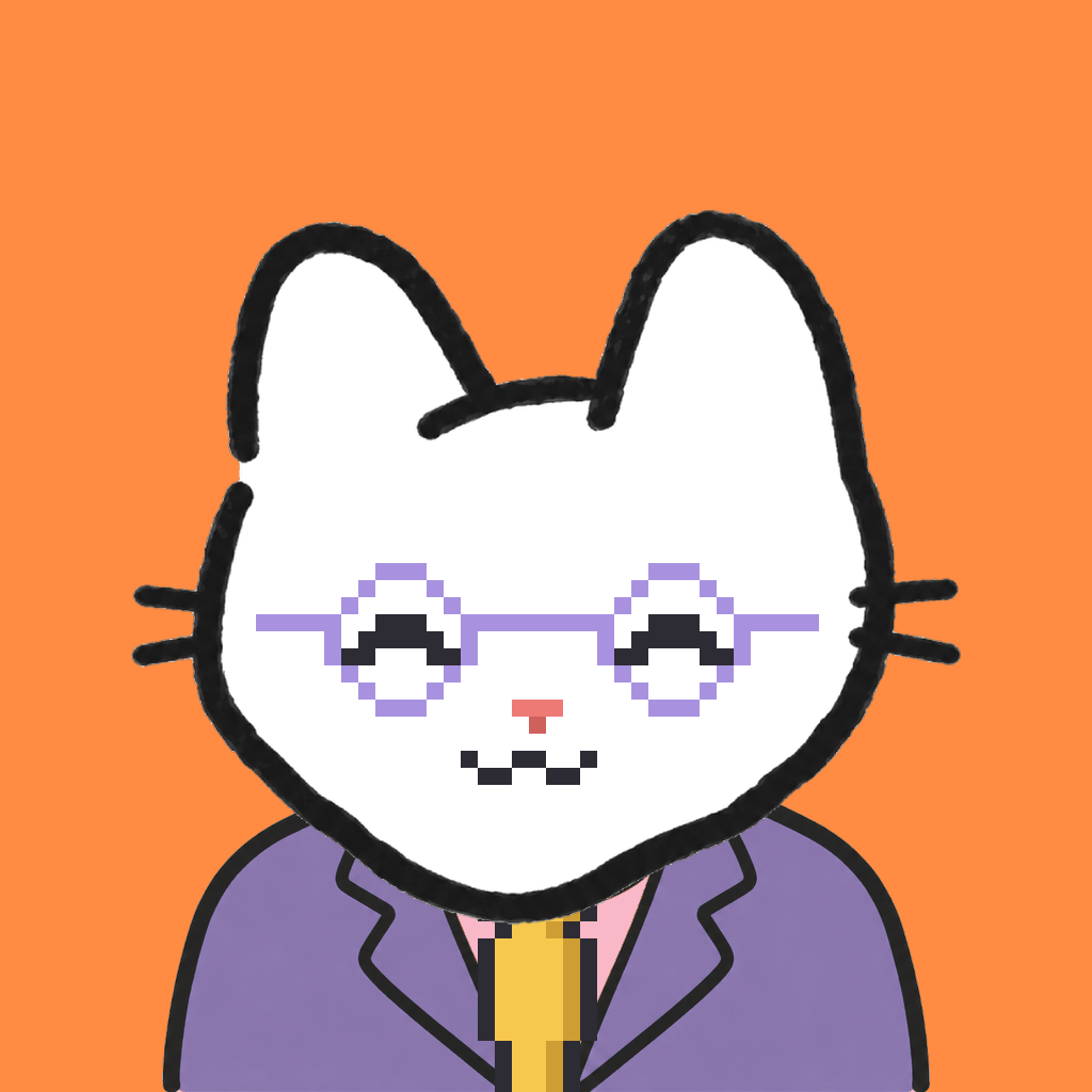 Employee #1377 — a white cat, in a lavender suit, with a gold tie, wearing round-lavender glasses, on tangerine