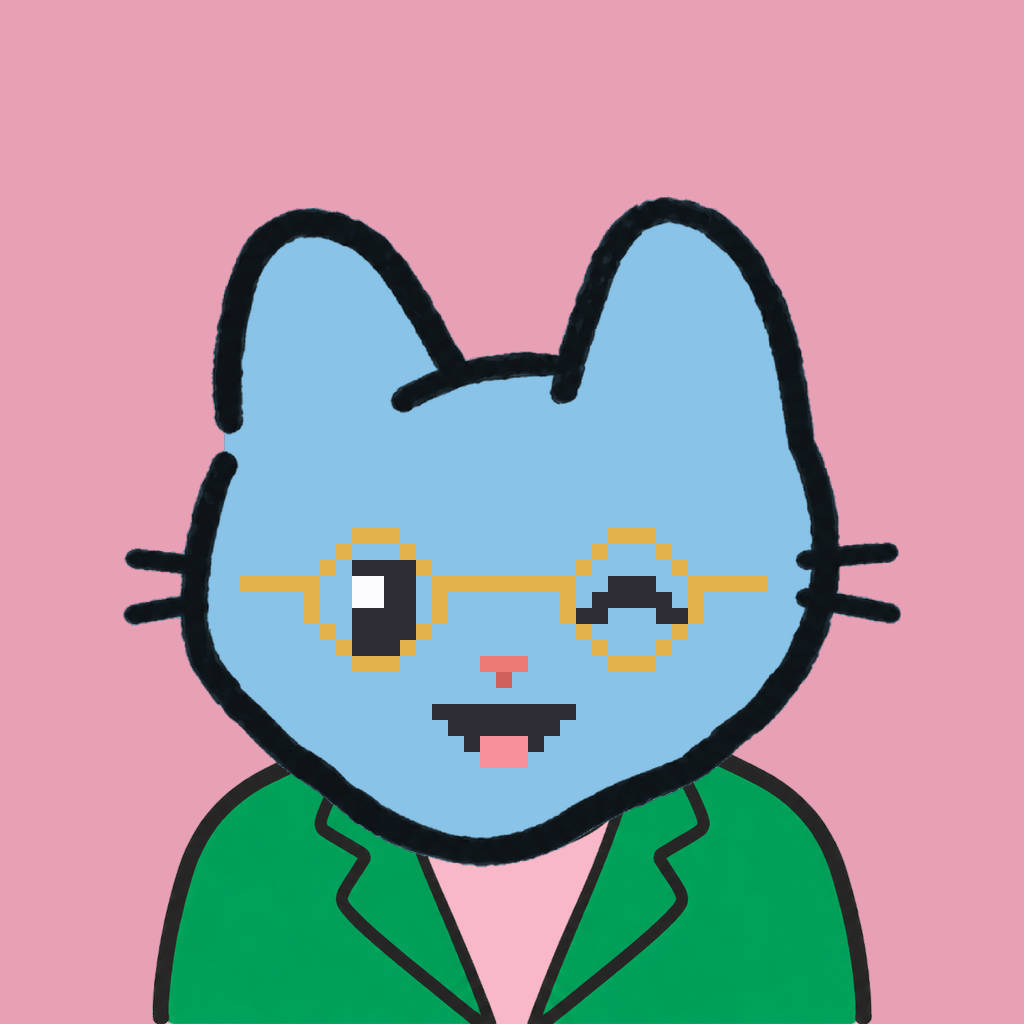 Employee #1378 — a sky cat, in a green suit, wearing round-gold glasses, on rose