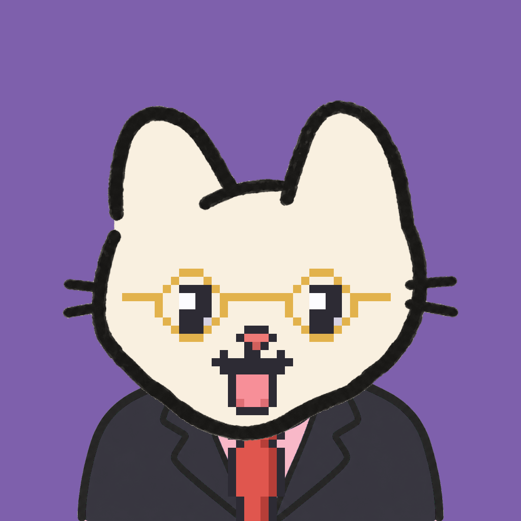 Employee #1379 — a cream cat, in a black suit, with a red tie, wearing round-gold glasses, on plasma violet