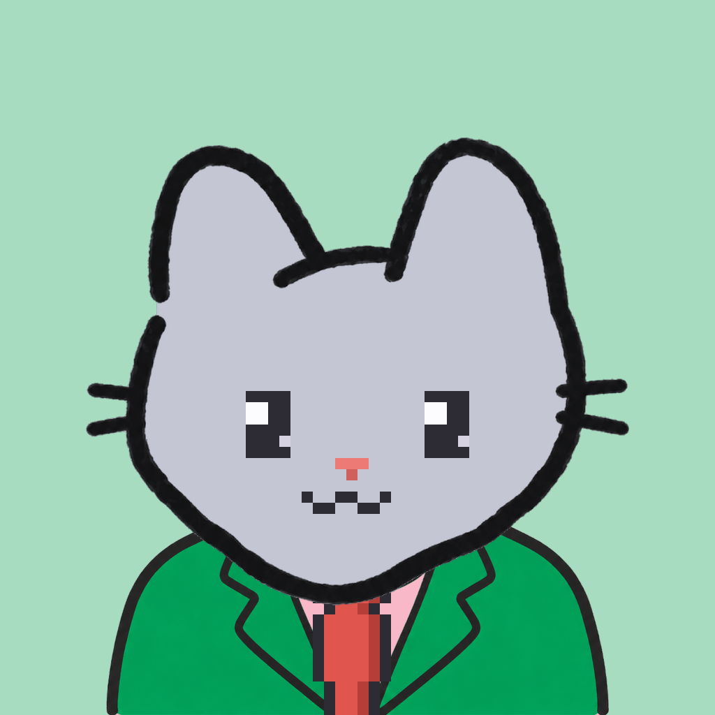Employee #0138 — a gray cat, in a green suit, with a red tie, on mint