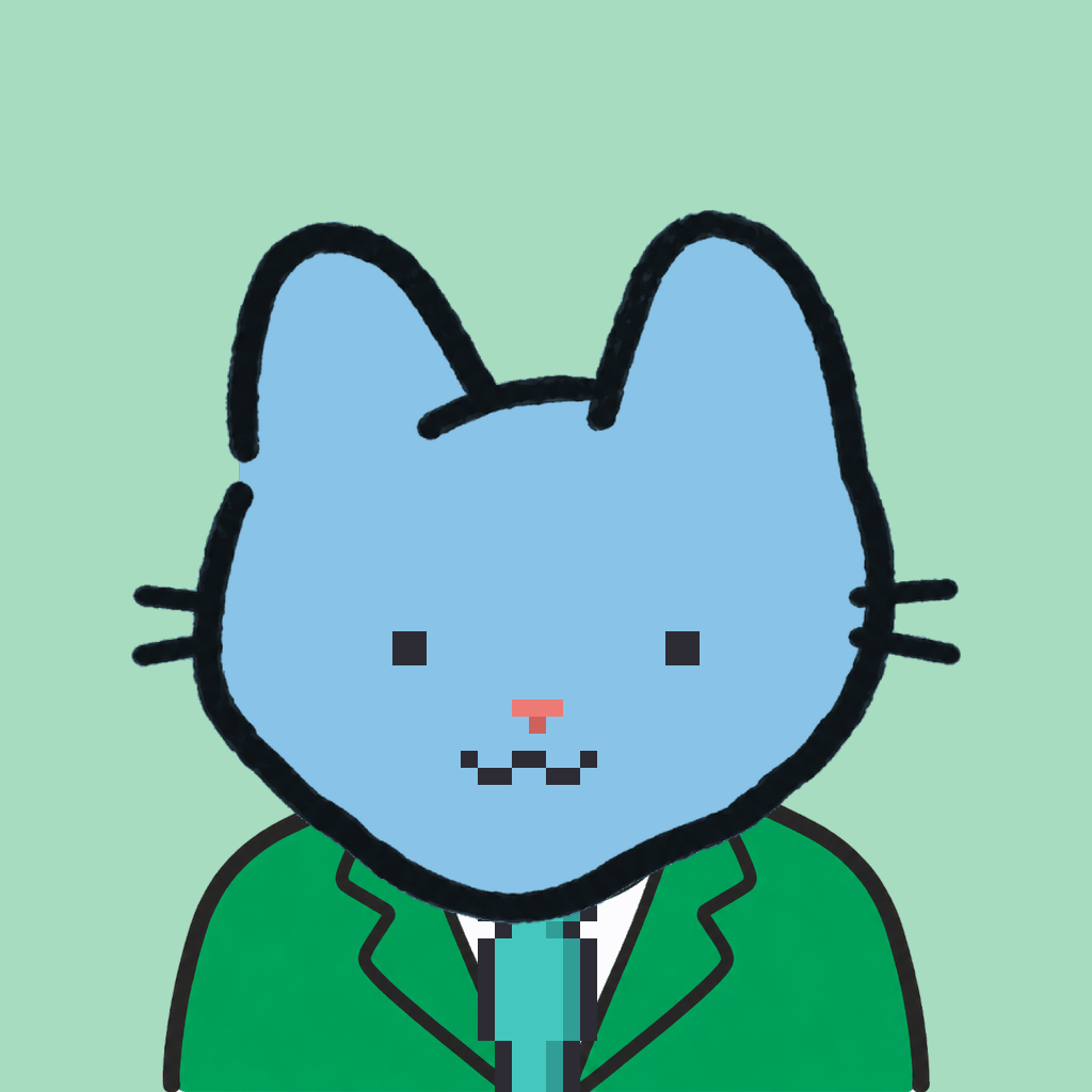 Employee #1380 — a sky cat, in a green suit, with a teal tie, on mint
