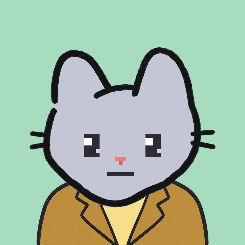 Employee #1381 — a gray cat, in a mustard suit, on mint