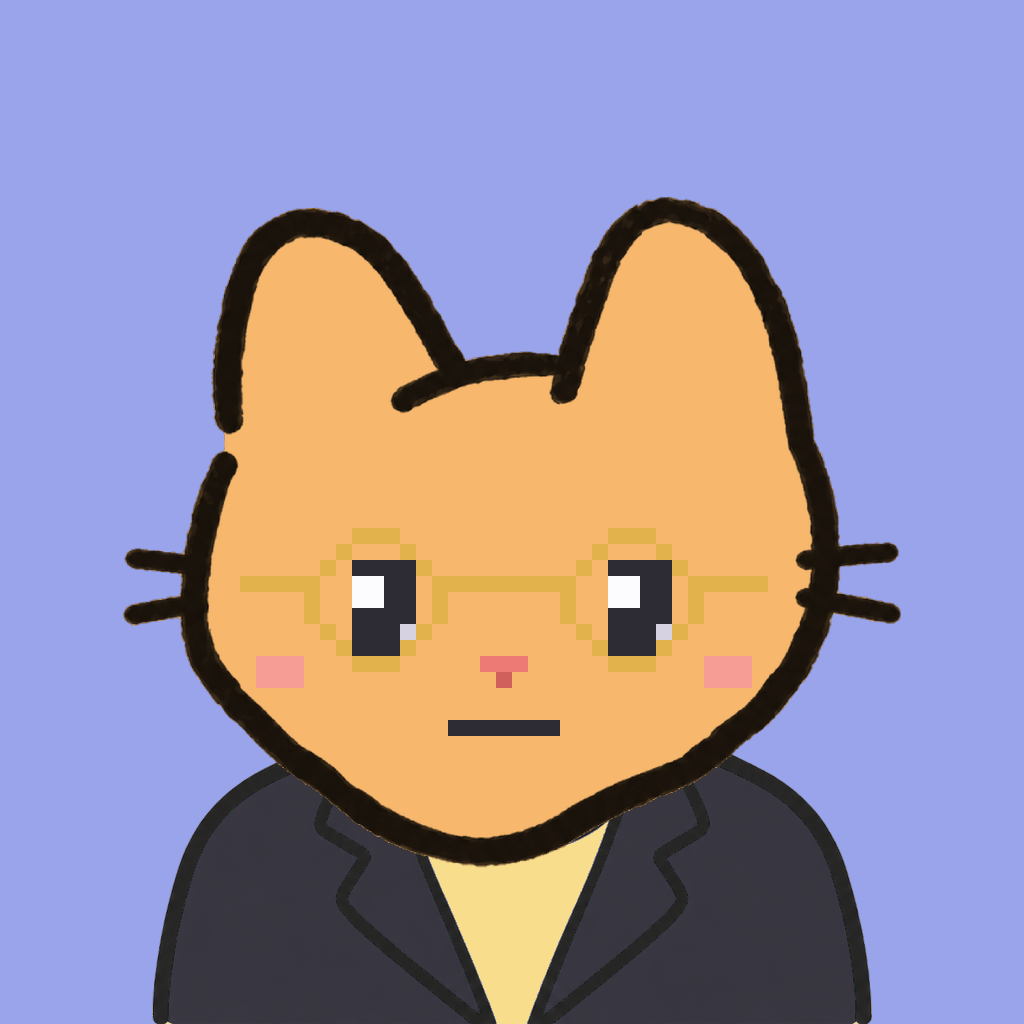 Employee #1382 — a tabby cat, in a black suit, wearing round-gold glasses, on periwinkle