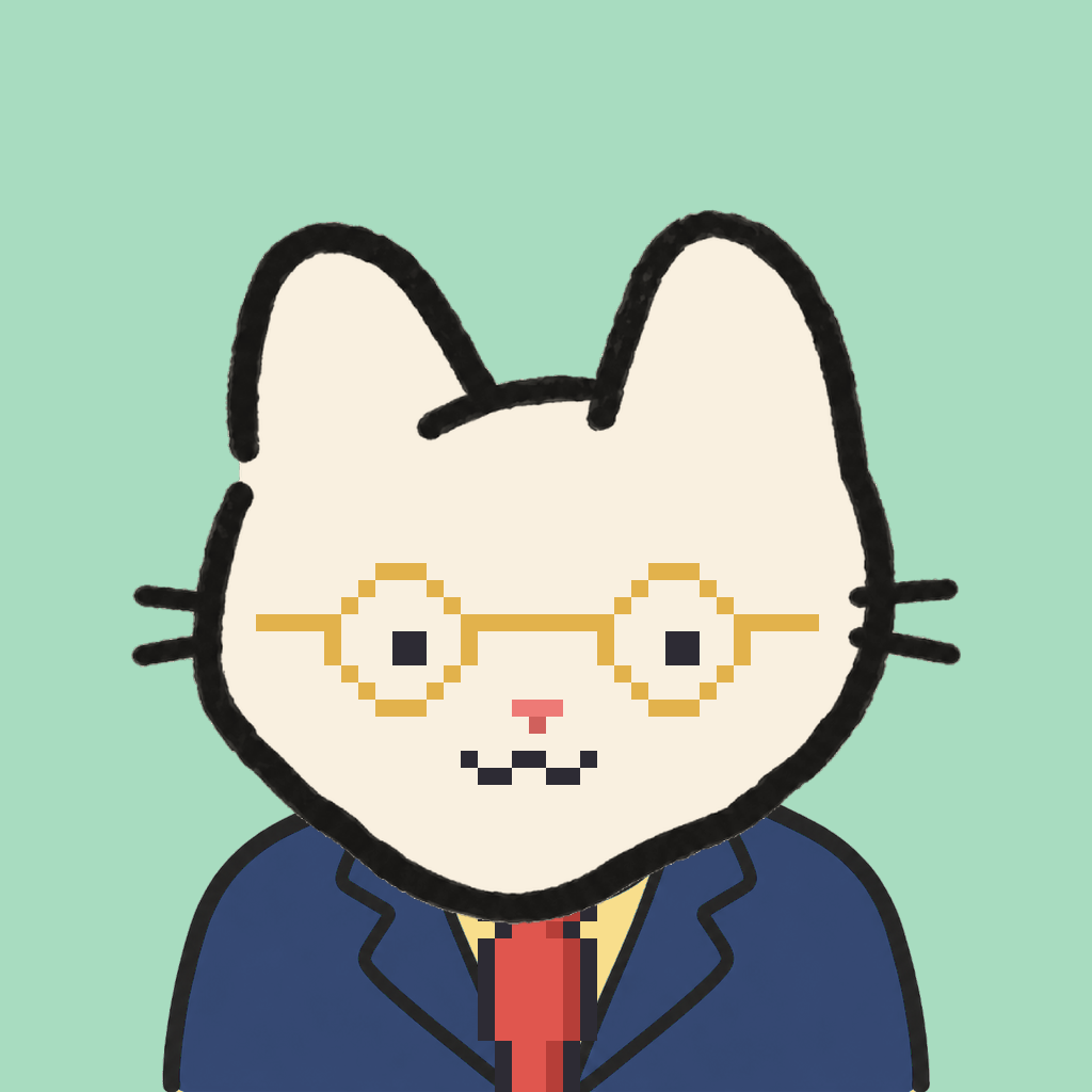 Employee #1383 — a cream cat, in a navy suit, with a red tie, wearing round-gold glasses, on mint