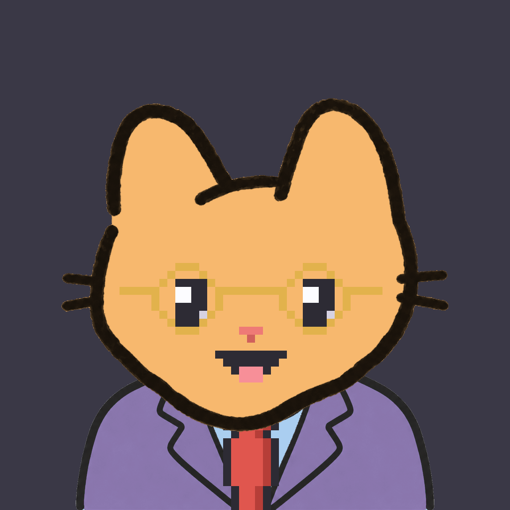 Employee #1384 — a tabby cat, in a lavender suit, with a red tie, wearing round-gold glasses, on charcoal