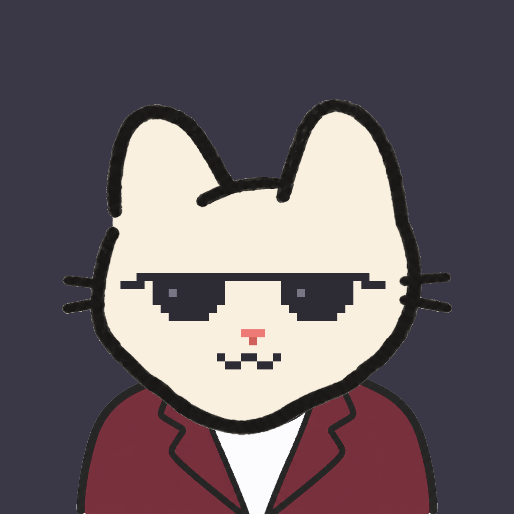Employee #1385 — a cream cat, in a burgundy suit, wearing shades glasses, on charcoal