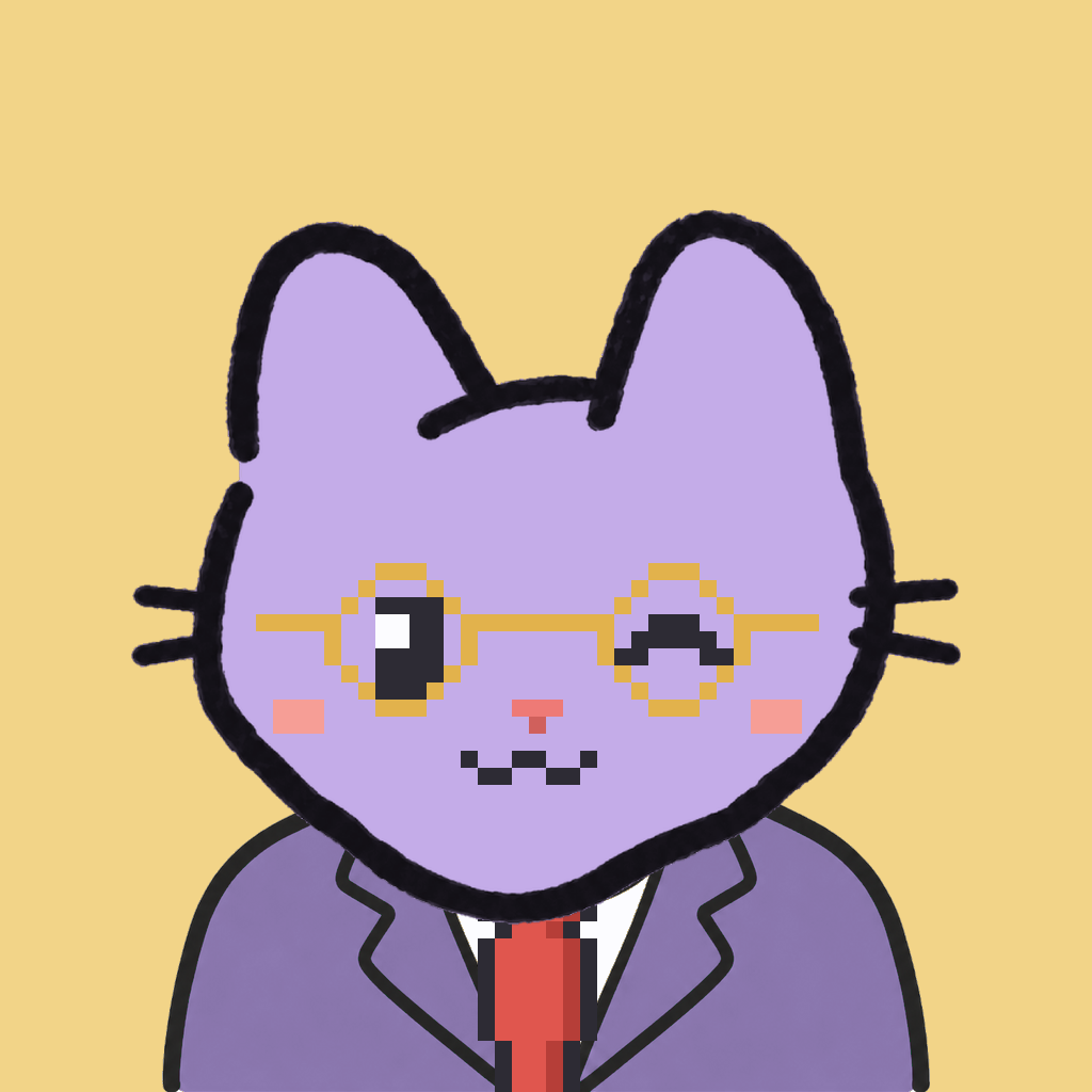 Employee #1386 — a lavender cat, in a lavender suit, with a red tie, wearing round-gold glasses, on butter