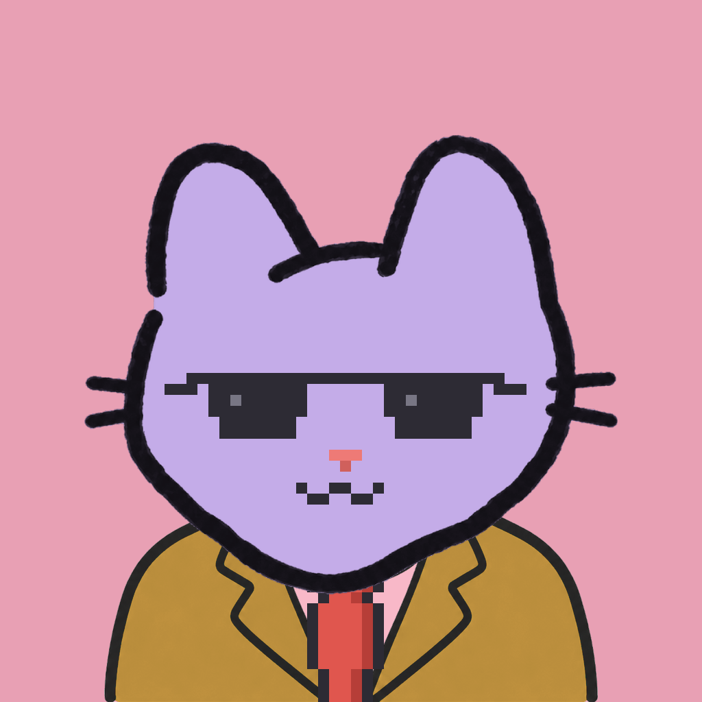 Employee #1387 — a lavender cat, in a mustard suit, with a red tie, wearing shades glasses, on rose