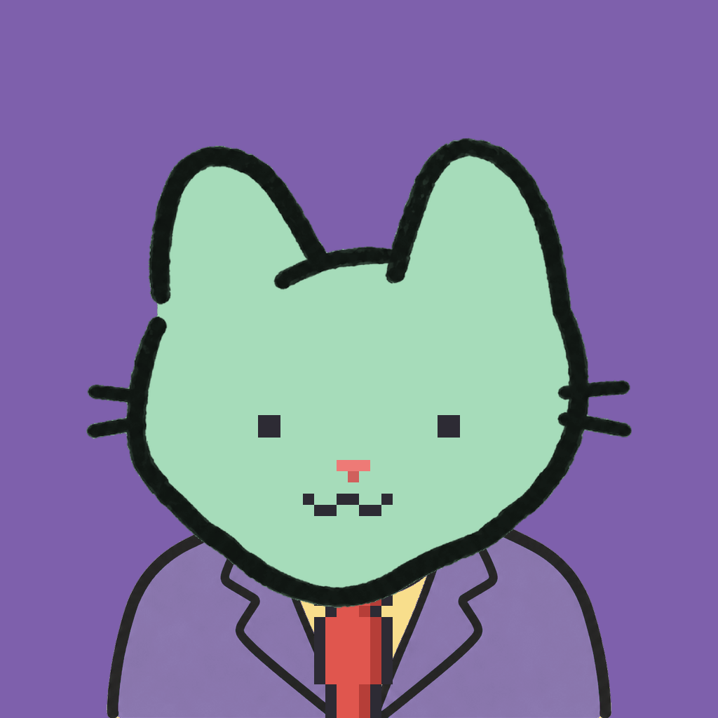 Employee #1388 — a mint cat, in a lavender suit, with a red tie, on plasma violet