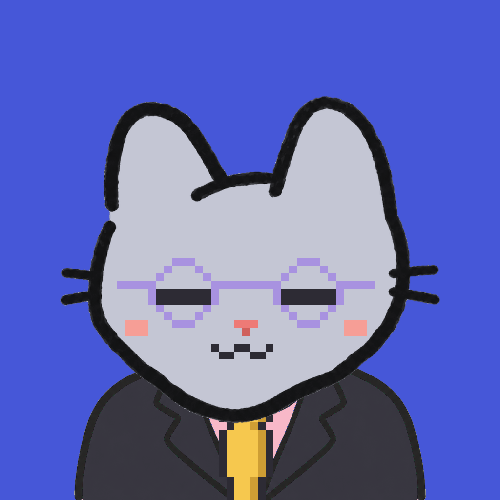Employee #1389 — a gray cat, in a black suit, with a gold tie, wearing round-lavender glasses, on royal