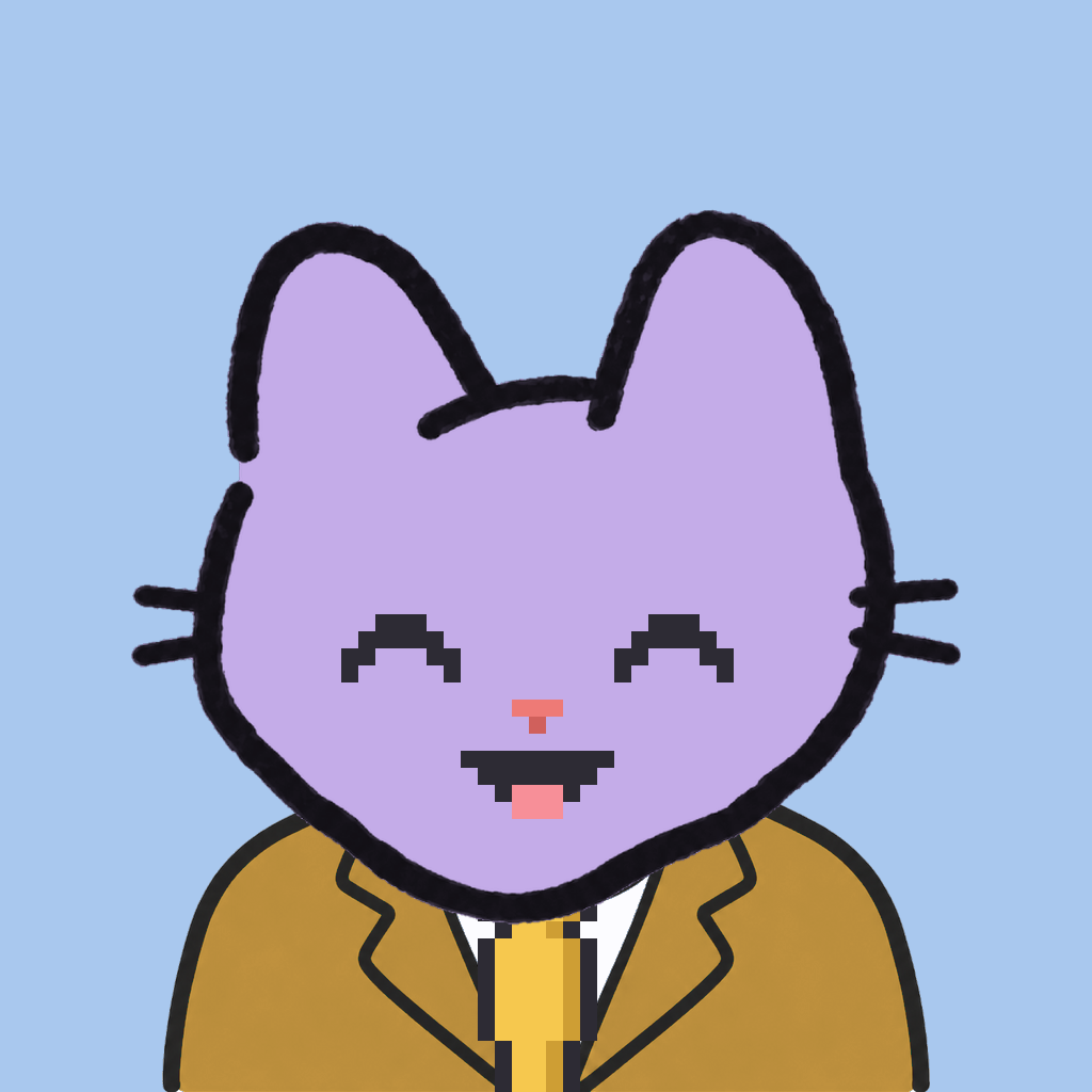 Employee #0139 — a lavender cat, in a mustard suit, with a gold tie, on sky