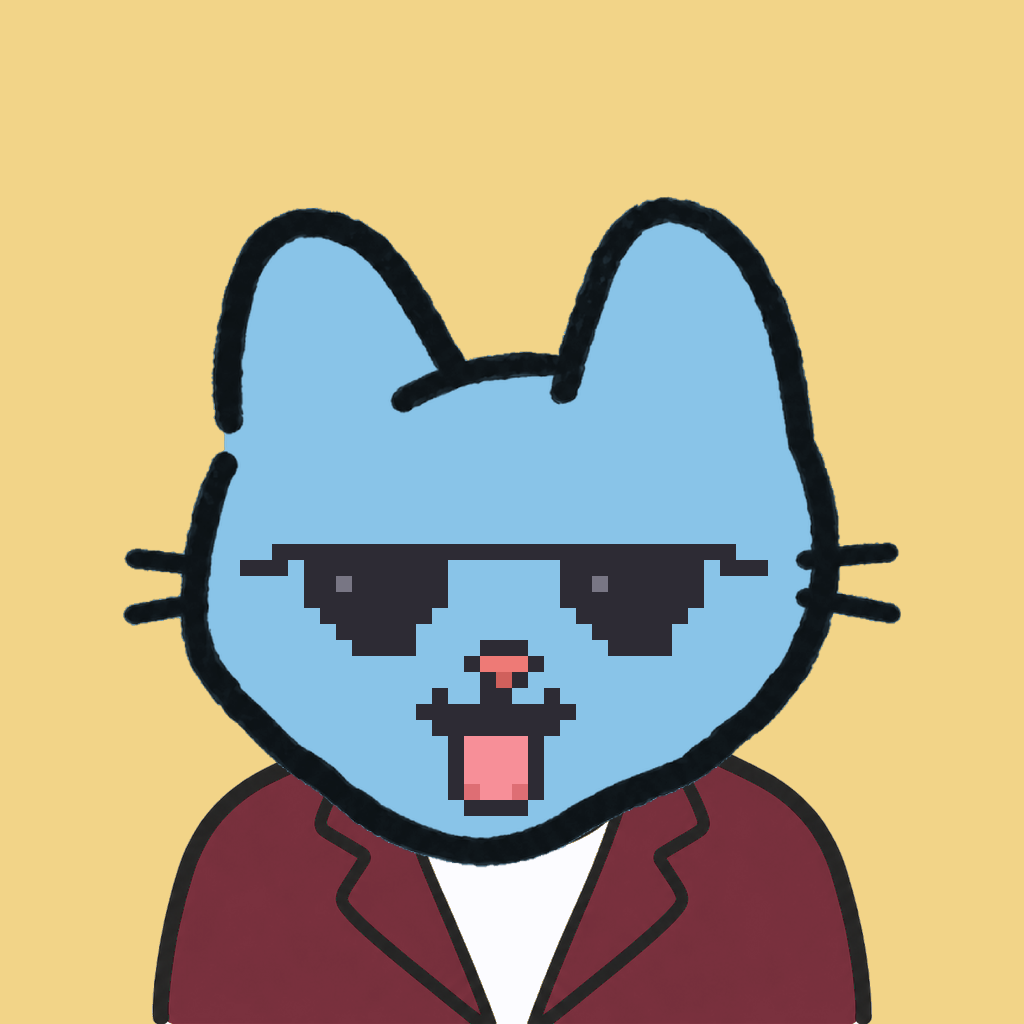 Employee #1390 — a sky cat, in a burgundy suit, wearing shades glasses, on butter
