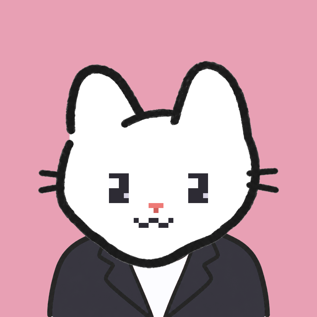 Employee #1392 — a white cat, in a black suit, on rose