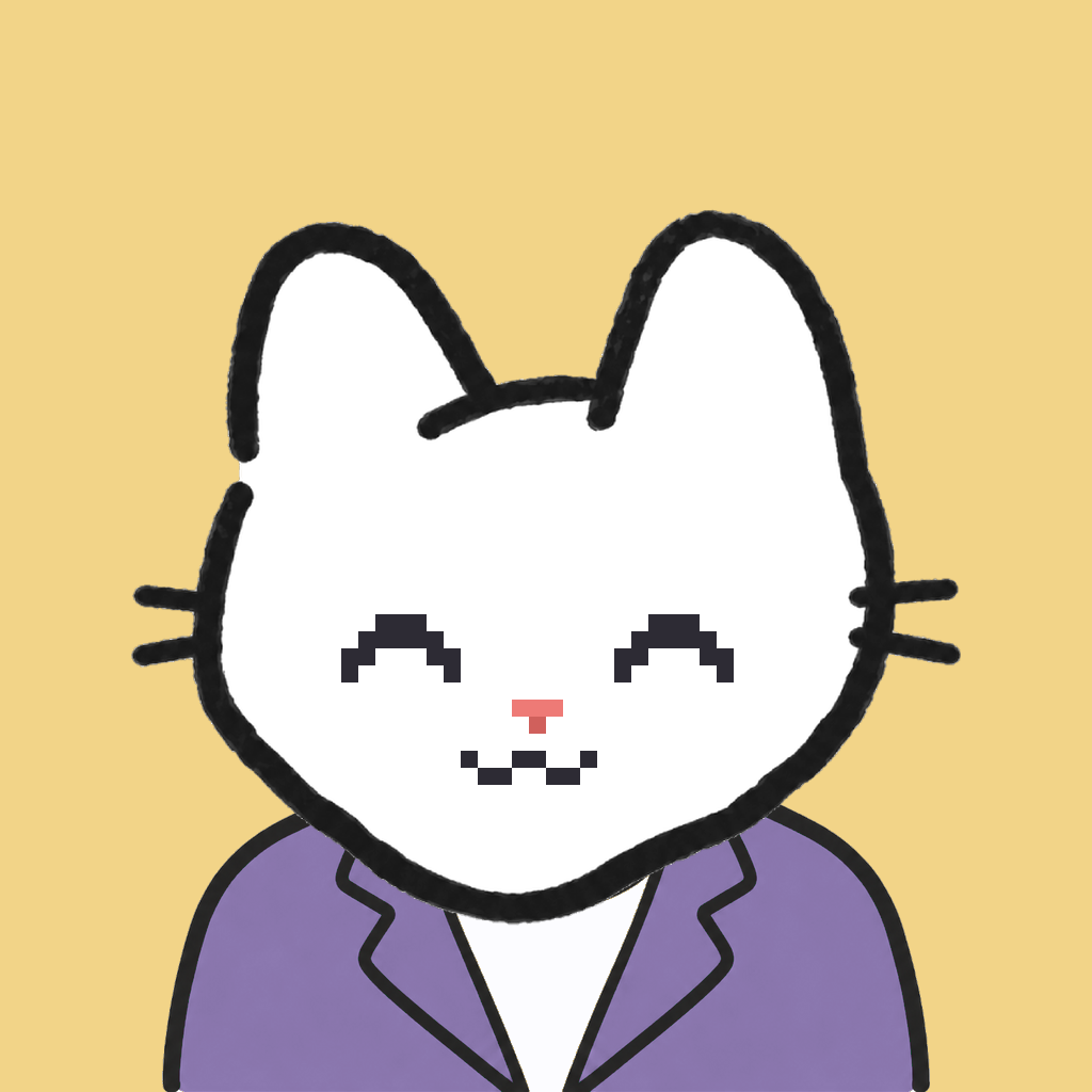 Employee #1393 — a white cat, in a lavender suit, on butter