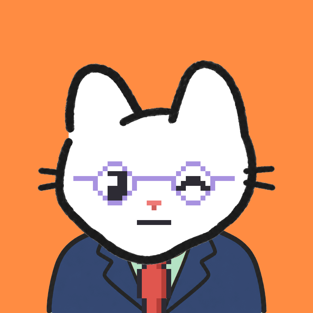 Employee #1394 — a white cat, in a navy suit, with a red tie, wearing round-lavender glasses, on tangerine
