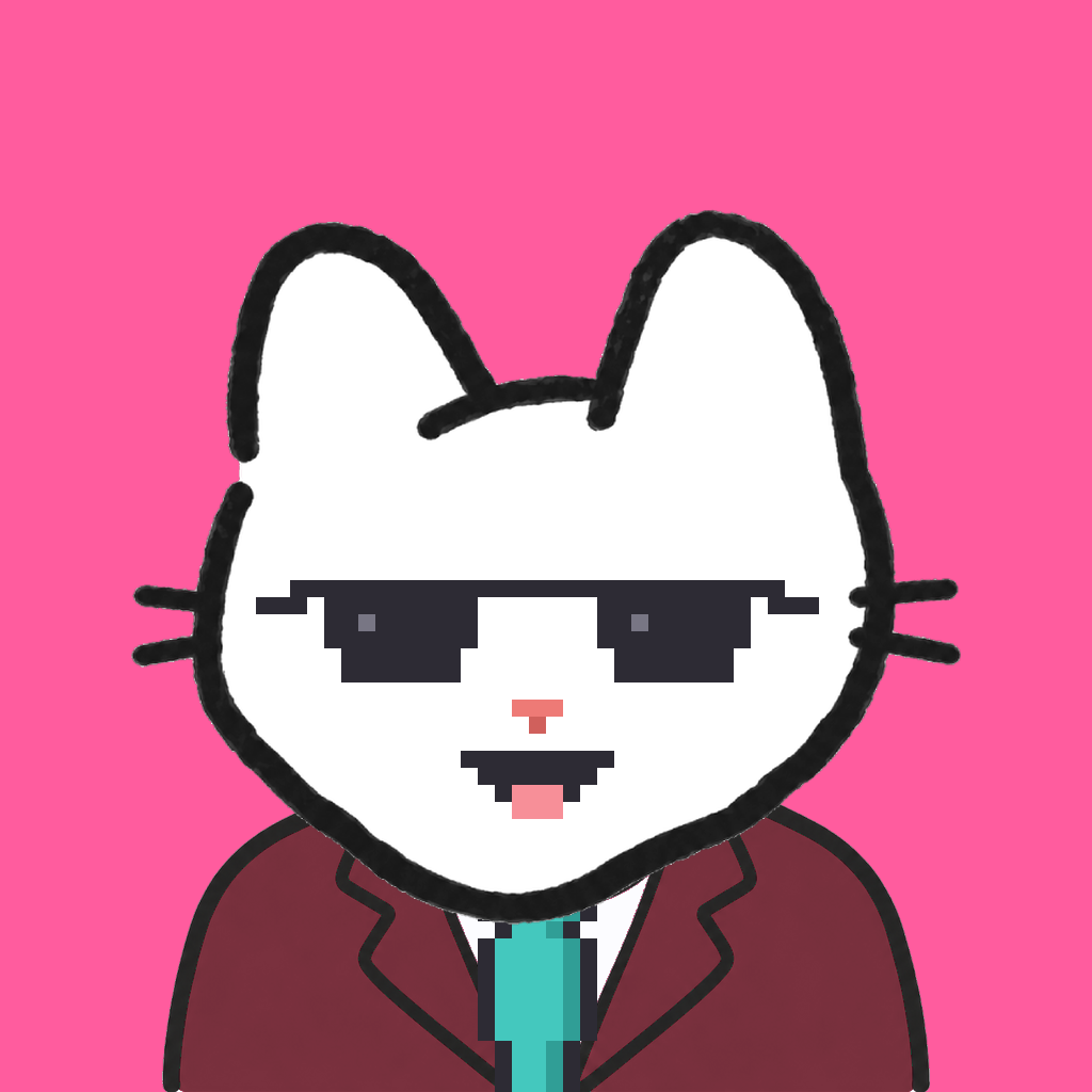 Employee #1395 — a white cat, in a burgundy suit, with a teal tie, wearing shades glasses, on hot pink