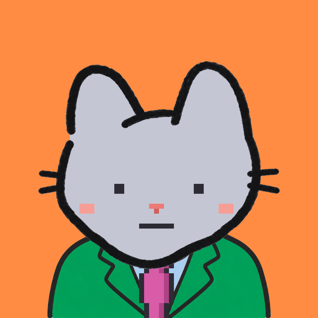 Employee #1396 — a gray cat, in a green suit, with a magenta tie, on tangerine
