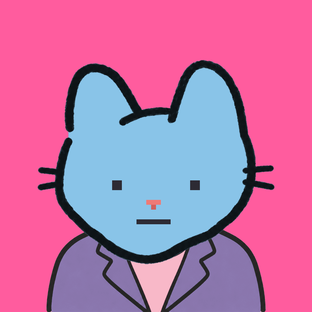 Employee #1397 — a sky cat, in a lavender suit, on hot pink