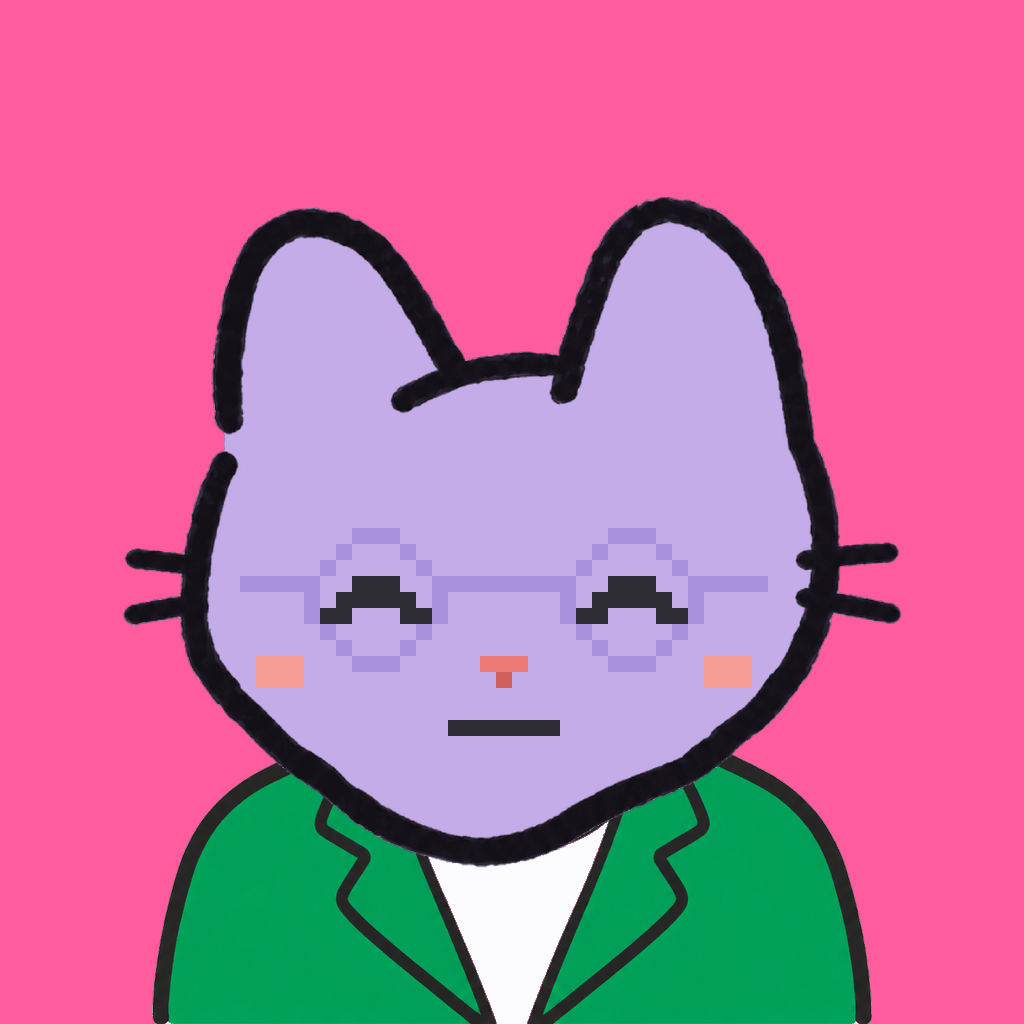 Employee #1398 — a lavender cat, in a green suit, wearing round-lavender glasses, on hot pink