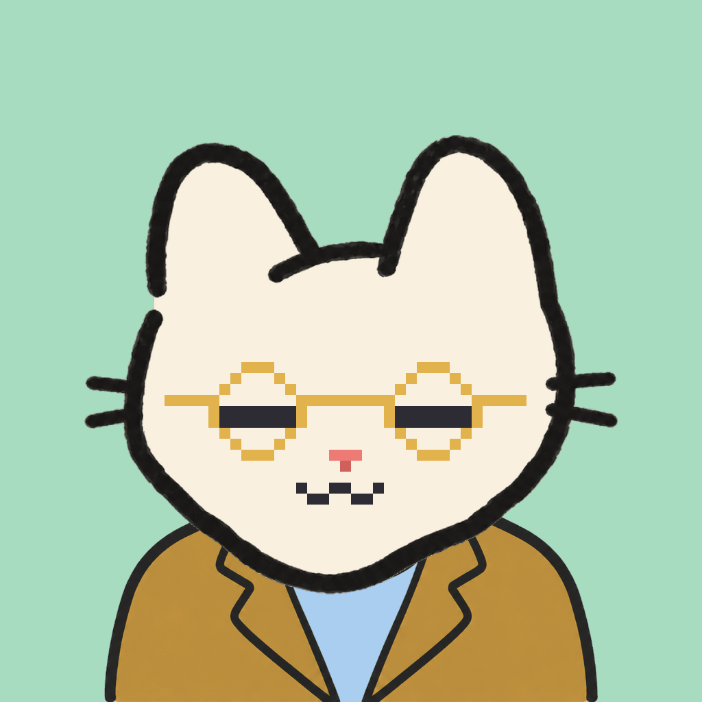 Employee #1399 — a cream cat, in a mustard suit, wearing round-gold glasses, on mint