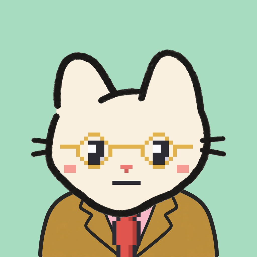 Employee #0014 — a cream cat, in a mustard suit, with a red tie, wearing round-gold glasses, on mint