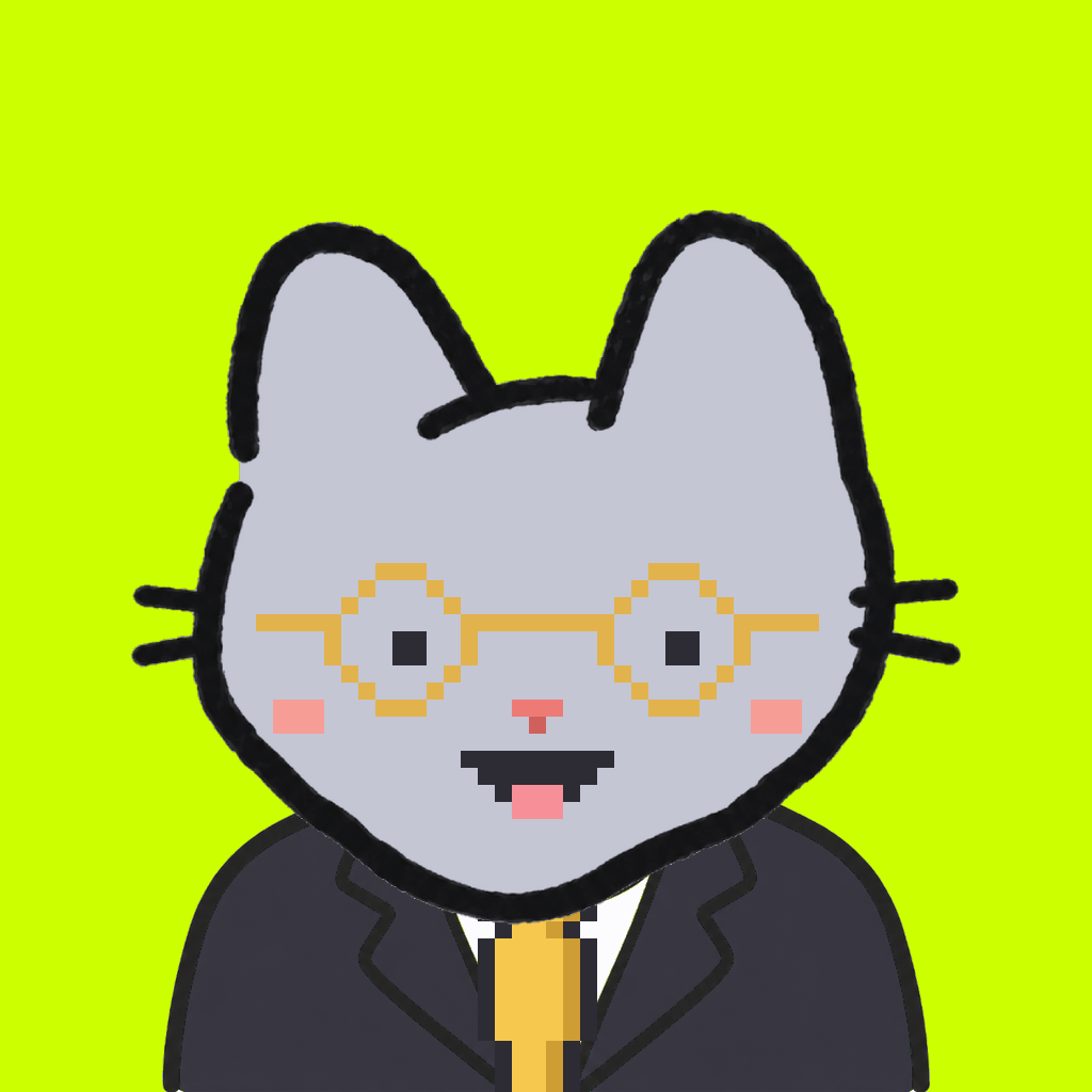 Employee #0140 — a gray cat, in a black suit, with a gold tie, wearing round-gold glasses, on volt