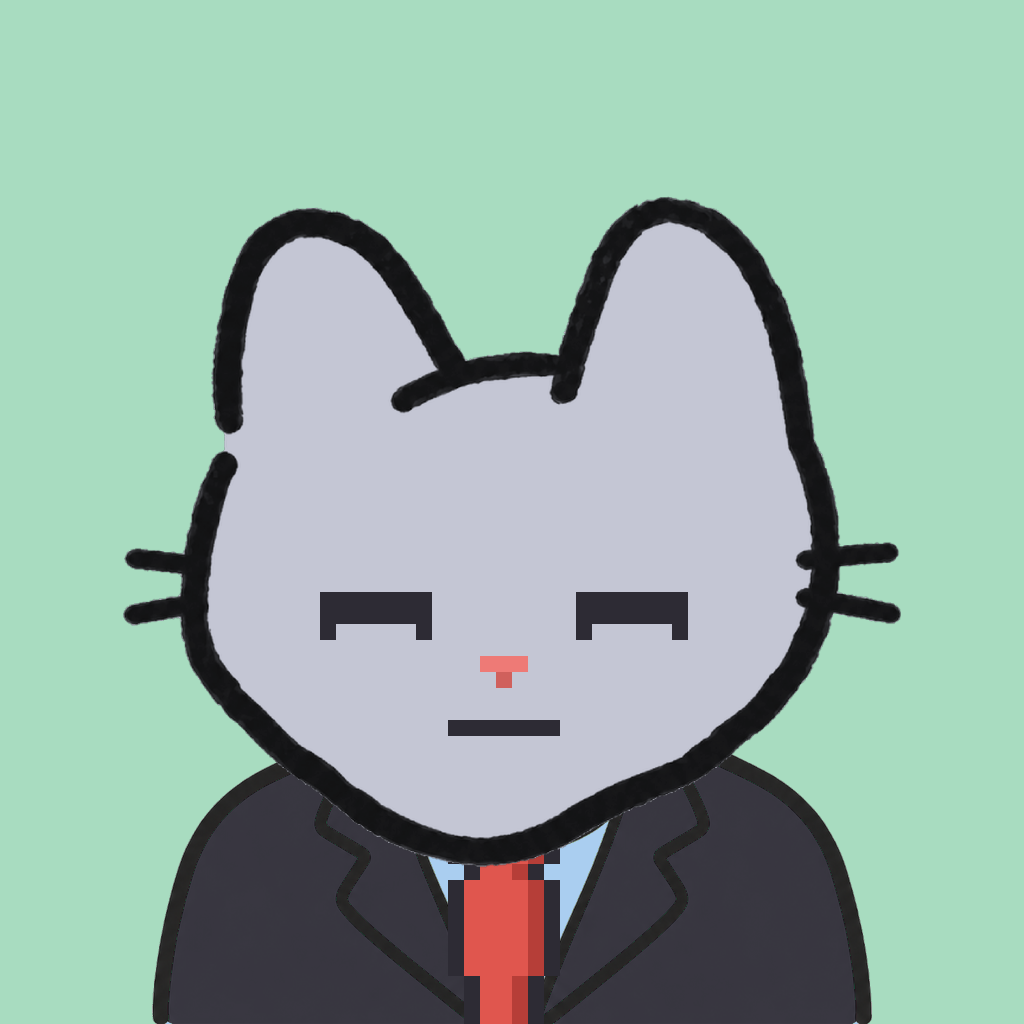 Employee #1400 — a gray cat, in a black suit, with a red tie, on mint