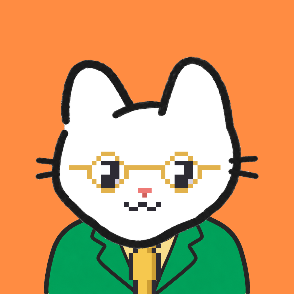 Employee #1401 — a white cat, in a green suit, with a gold tie, wearing round-gold glasses, on tangerine