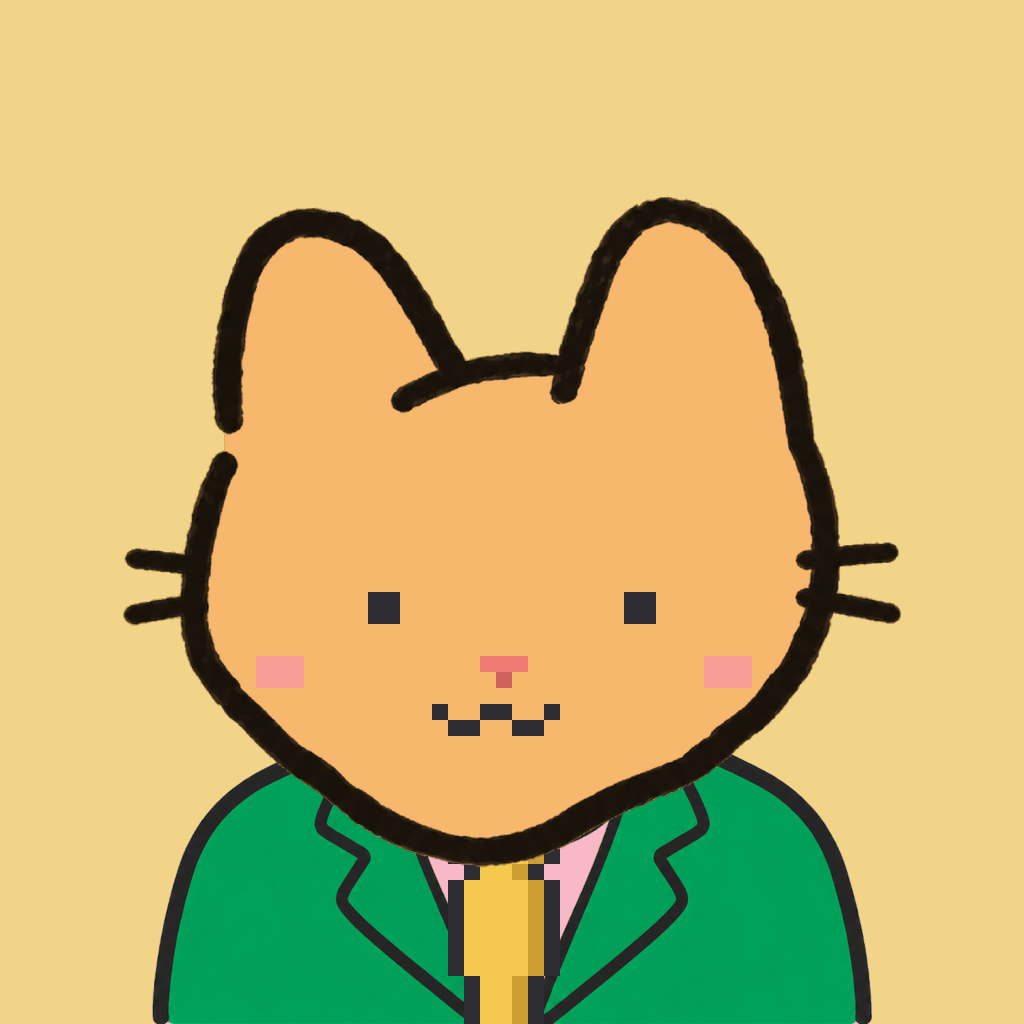Employee #1402 — a tabby cat, in a green suit, with a gold tie, on butter