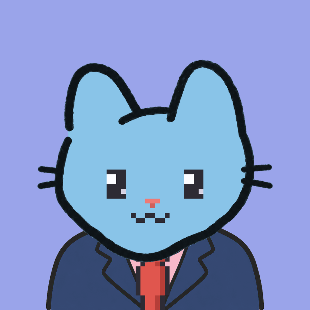 Employee #1403 — a sky cat, in a navy suit, with a red tie, on periwinkle