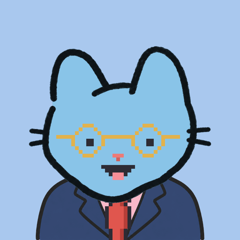 Employee #1404 — a sky cat, in a navy suit, with a red tie, wearing round-gold glasses, on sky