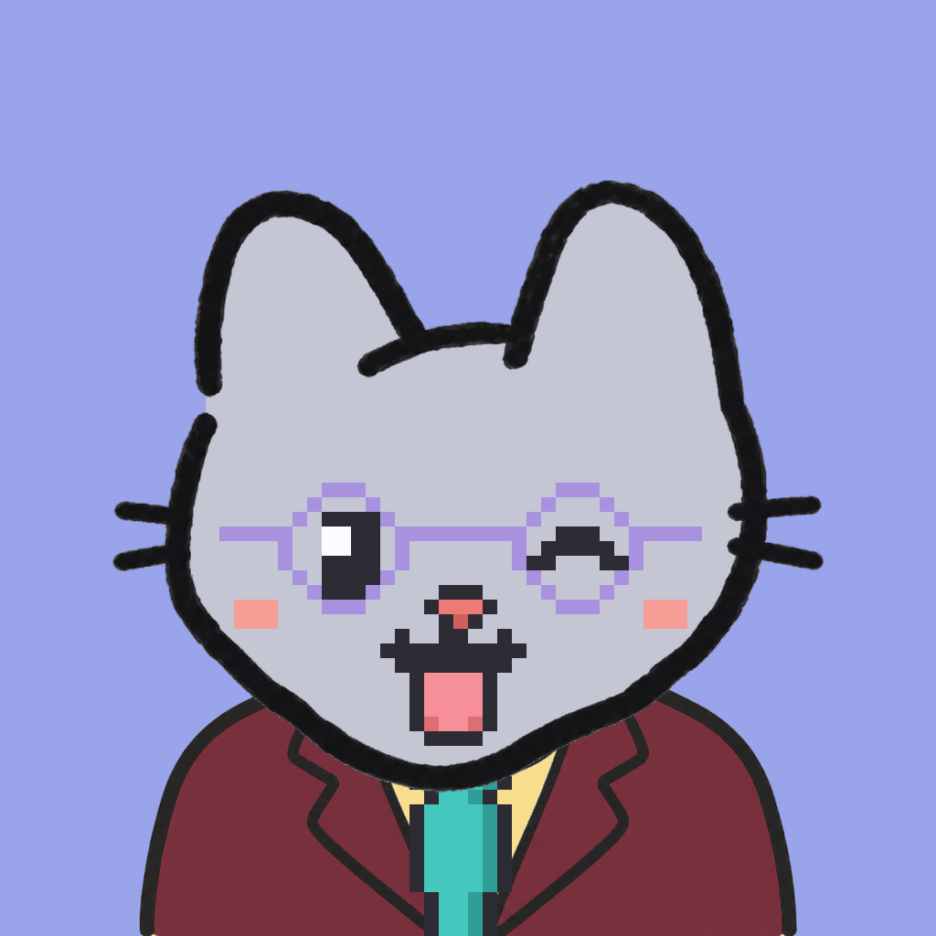 Employee #1405 — a gray cat, in a burgundy suit, with a teal tie, wearing round-lavender glasses, on periwinkle