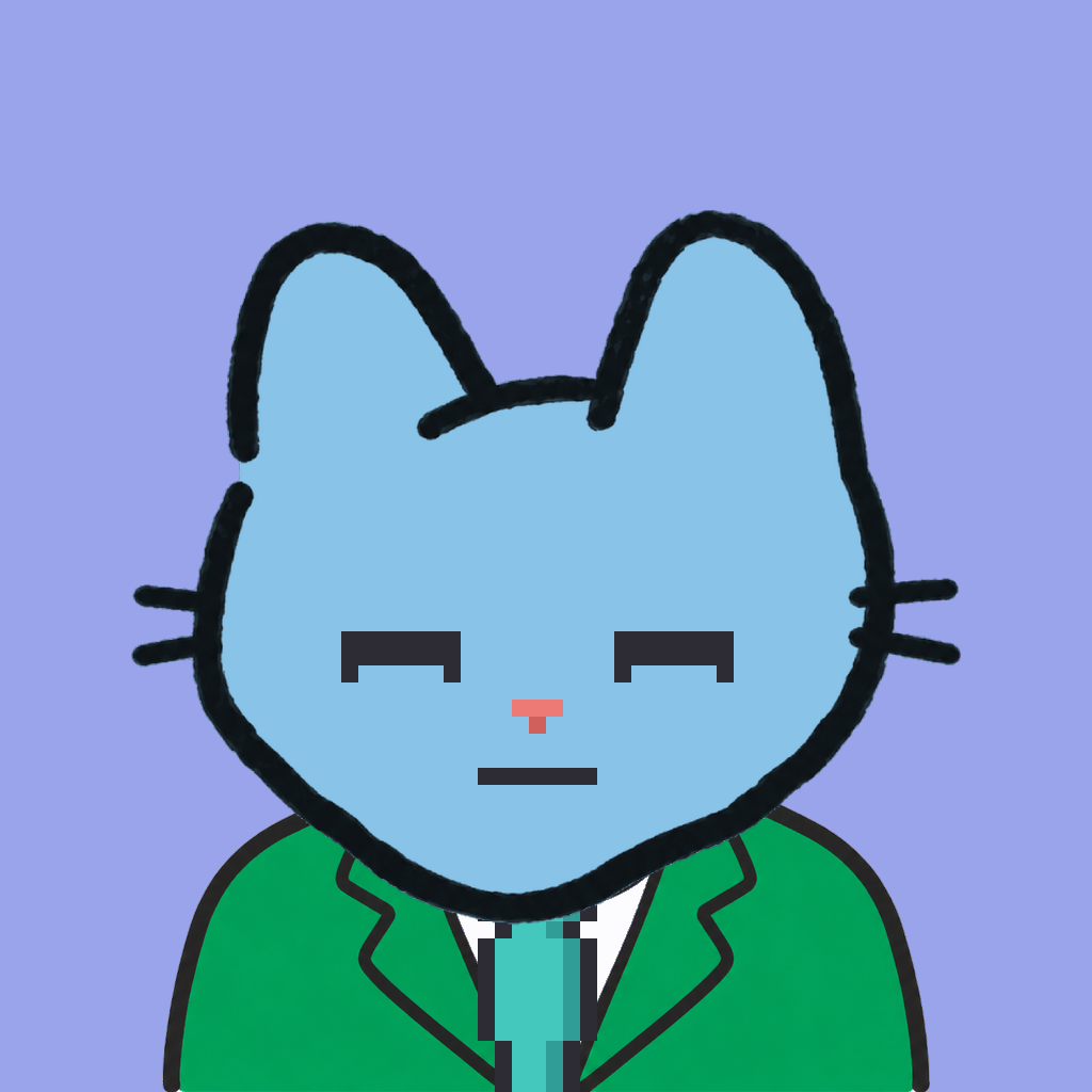 Employee #1406 — a sky cat, in a green suit, with a teal tie, on periwinkle