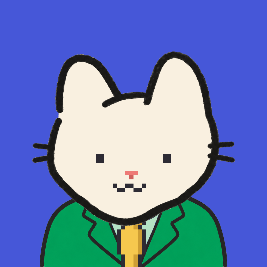 Employee #1407 — a cream cat, in a green suit, with a gold tie, on royal