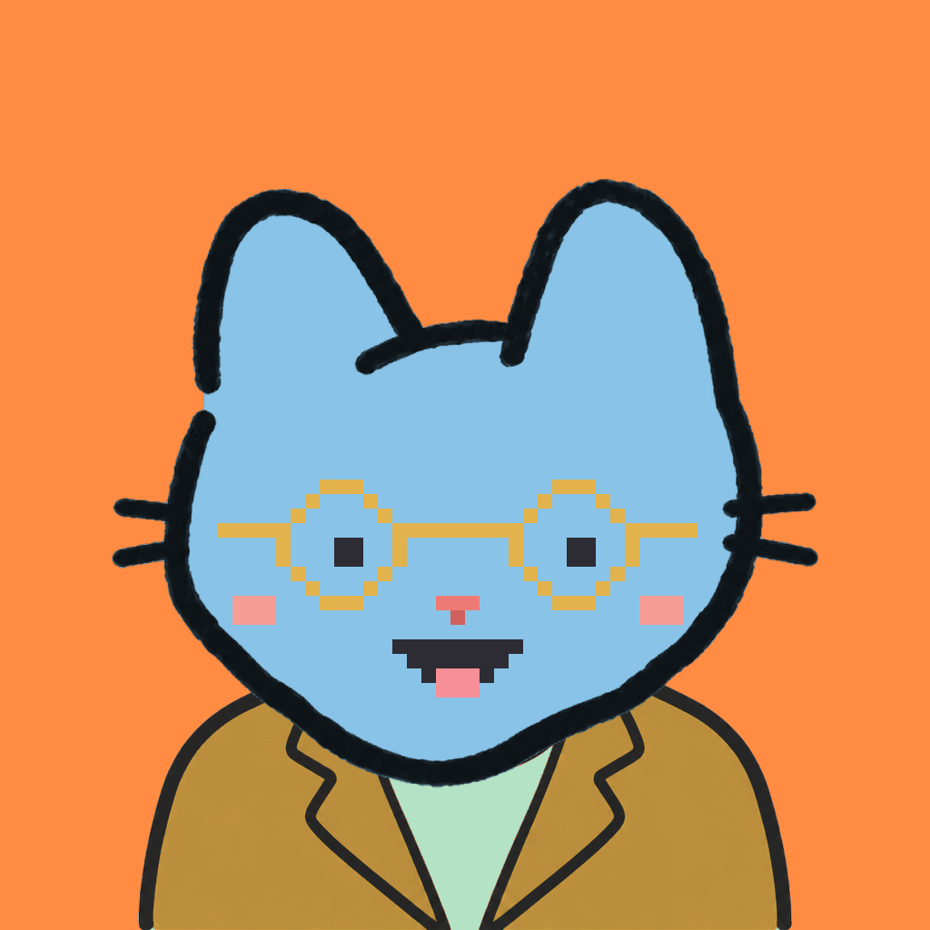 Employee #1408 — a sky cat, in a mustard suit, wearing round-gold glasses, on tangerine