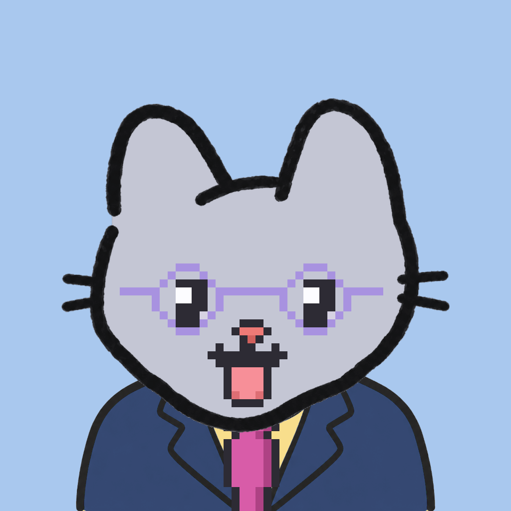 Employee #1409 — a gray cat, in a navy suit, with a magenta tie, wearing round-lavender glasses, on sky