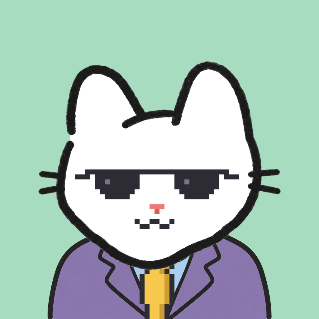 Employee #0141 — a white cat, in a lavender suit, with a gold tie, wearing shades glasses, on mint