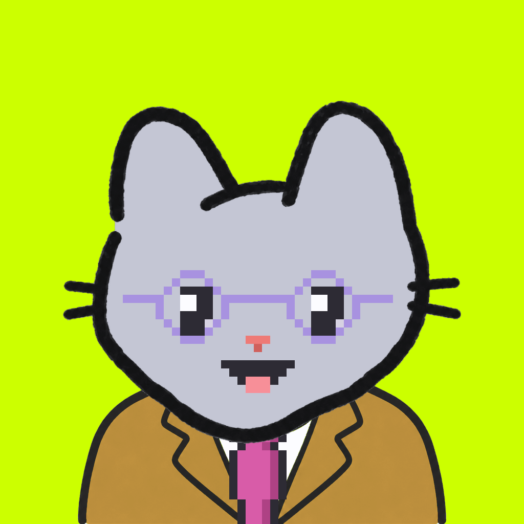 Employee #1410 — a gray cat, in a mustard suit, with a magenta tie, wearing round-lavender glasses, on volt