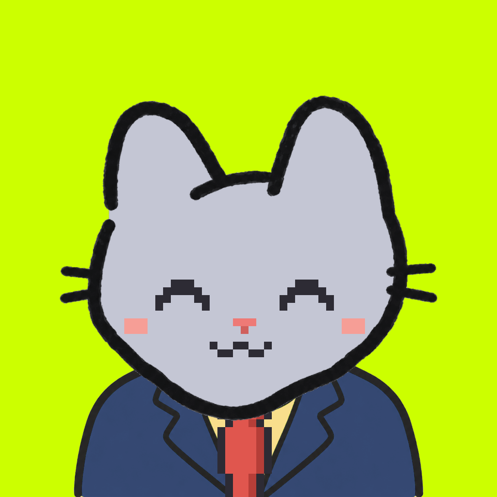 Employee #1411 — a gray cat, in a navy suit, with a red tie, on volt