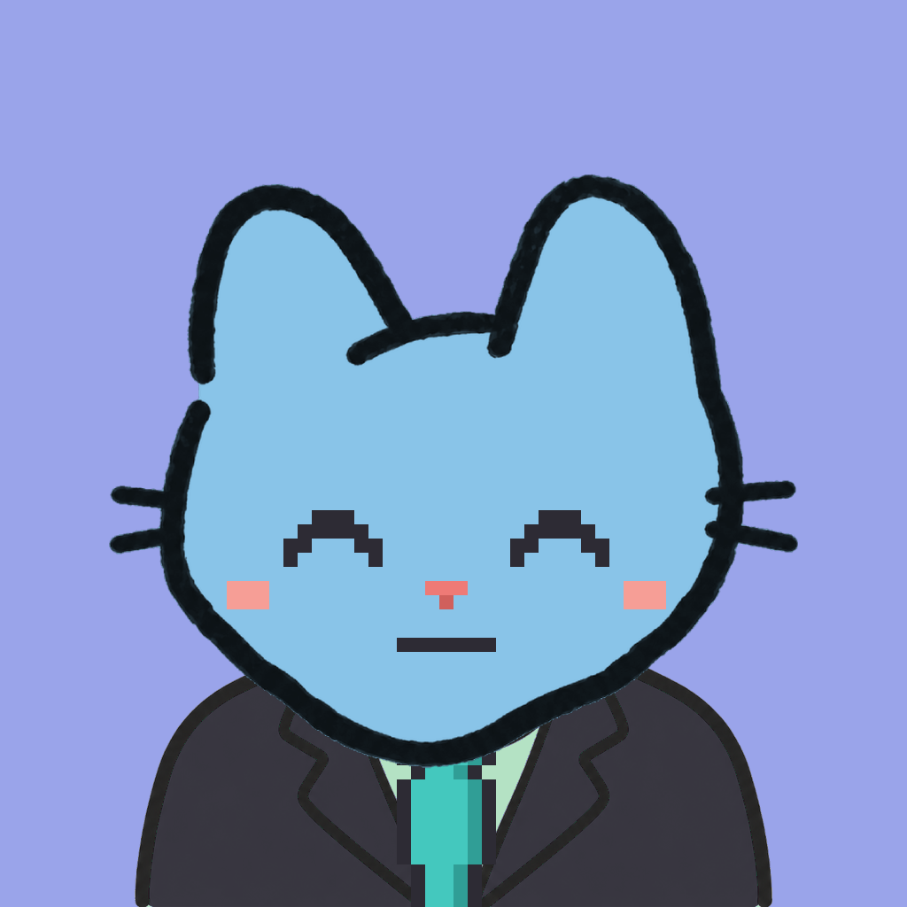 Employee #1412 — a sky cat, in a black suit, with a teal tie, on periwinkle