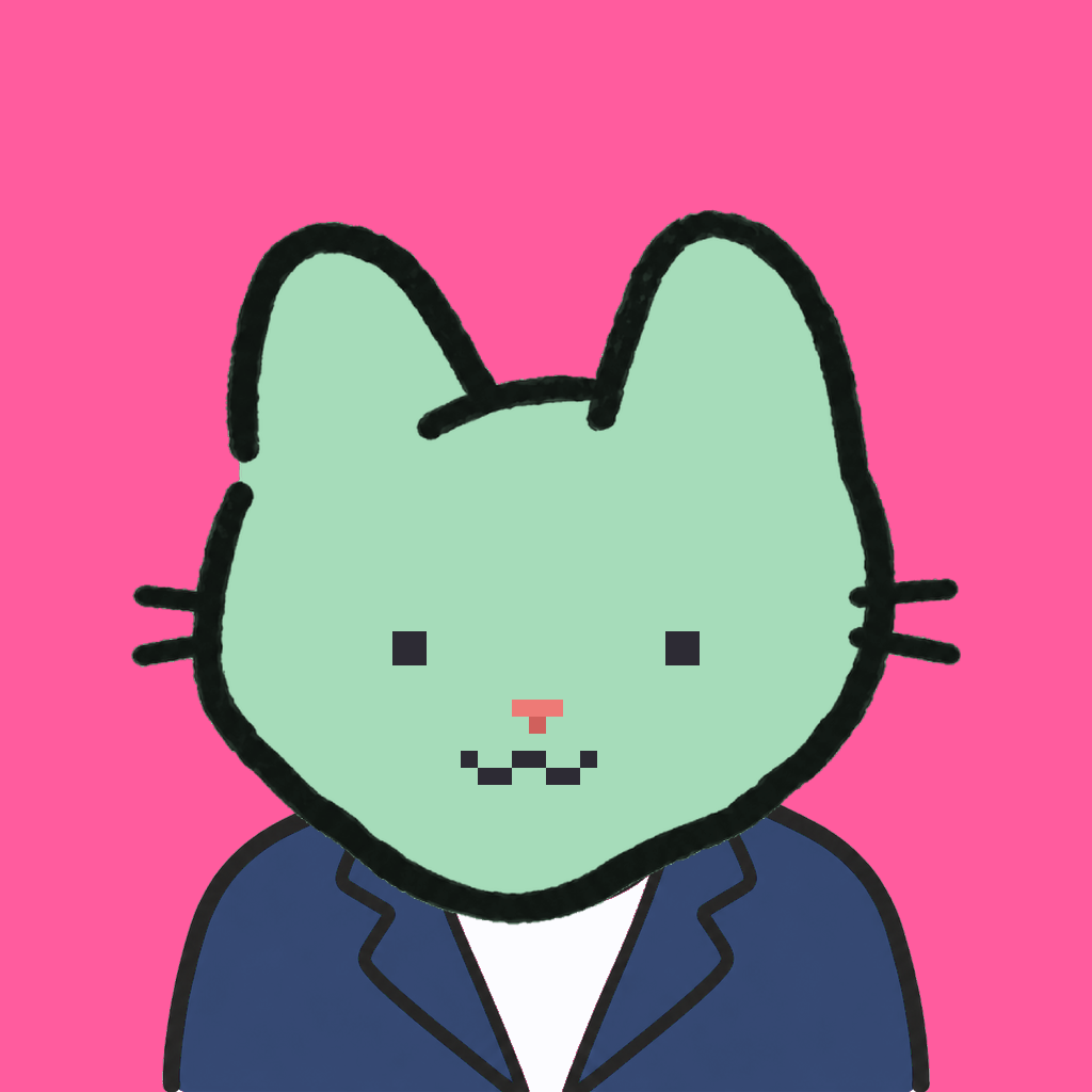 Employee #1413 — a mint cat, in a navy suit, on hot pink