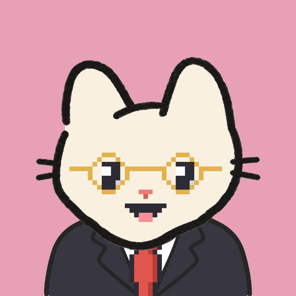 Employee #1414 — a cream cat, in a black suit, with a red tie, wearing round-gold glasses, on rose