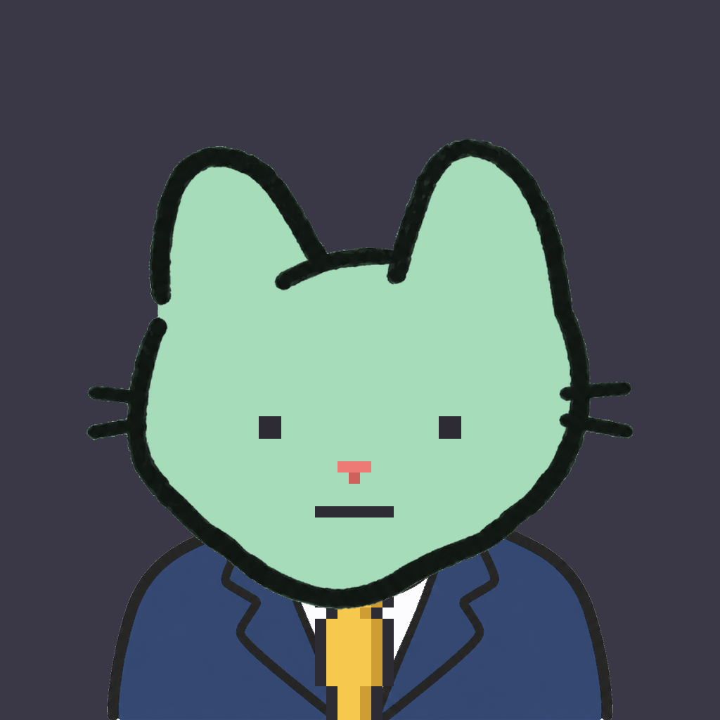 Employee #1416 — a mint cat, in a navy suit, with a gold tie, on charcoal