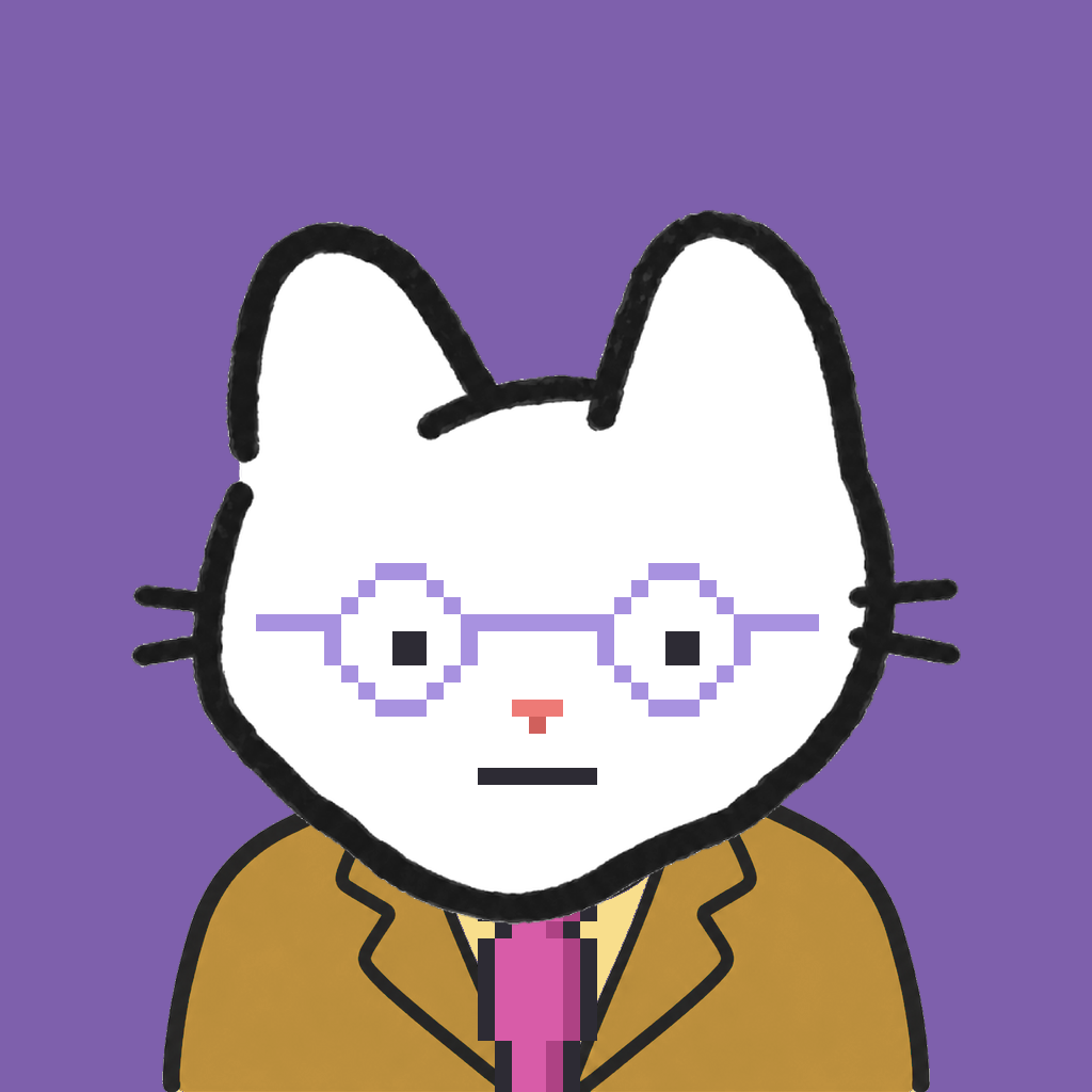 Employee #1417 — a white cat, in a mustard suit, with a magenta tie, wearing round-lavender glasses, on plasma violet