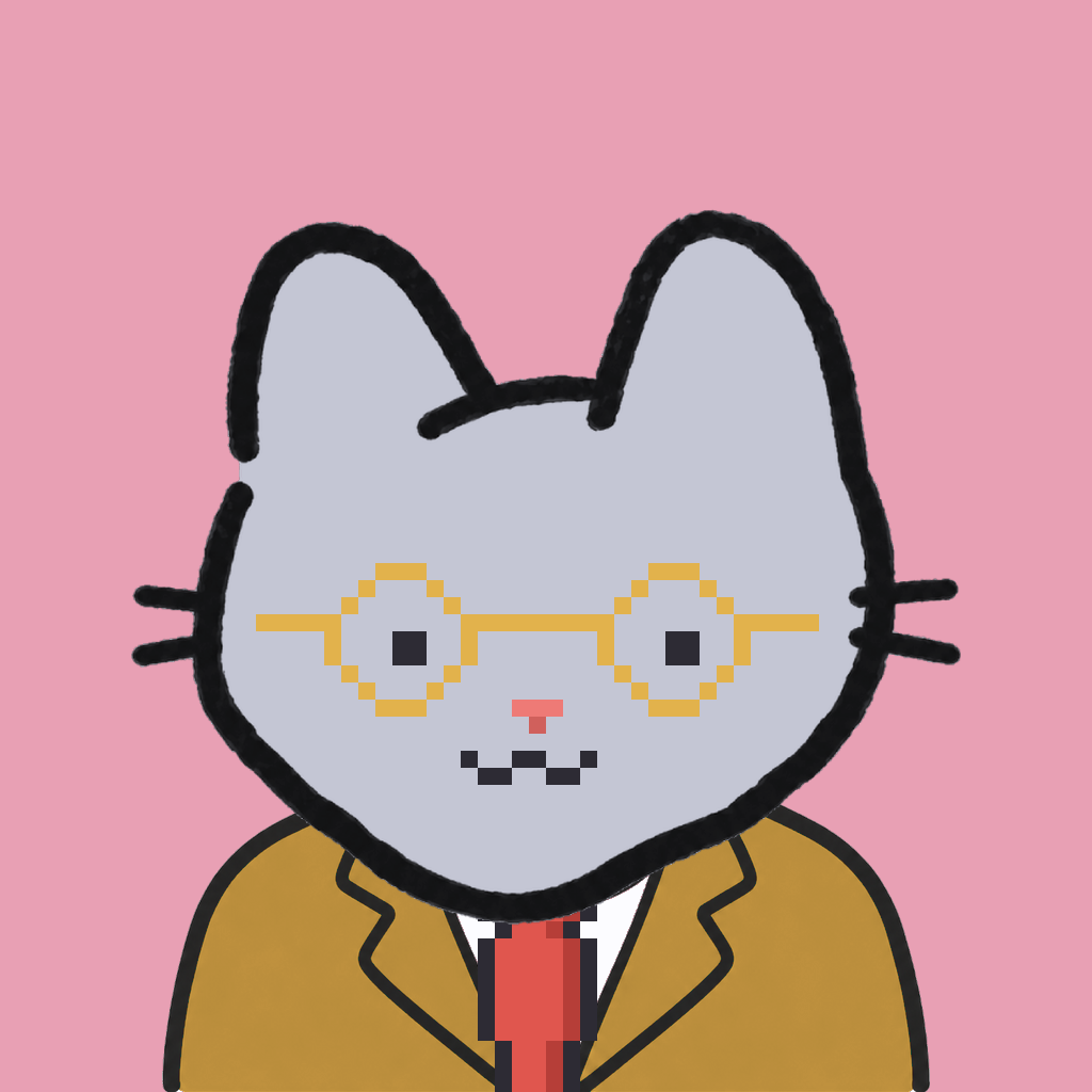 Employee #1418 — a gray cat, in a mustard suit, with a red tie, wearing round-gold glasses, on rose