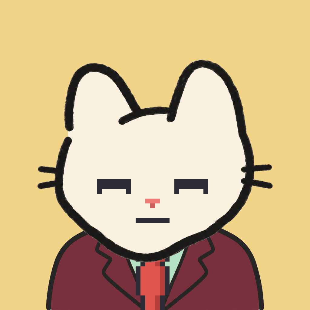 Employee #1419 — a cream cat, in a burgundy suit, with a red tie, on butter