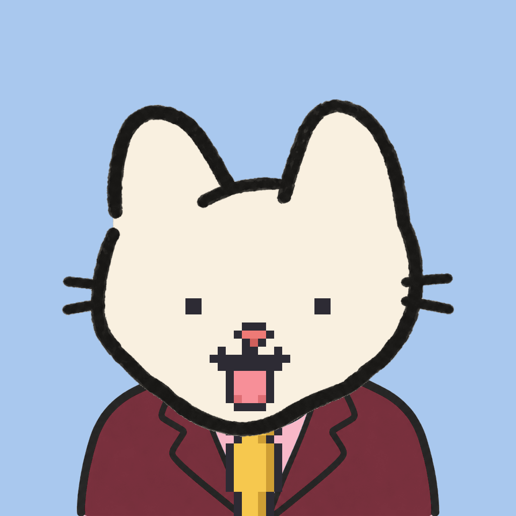 Employee #0142 — a cream cat, in a burgundy suit, with a gold tie, on sky
