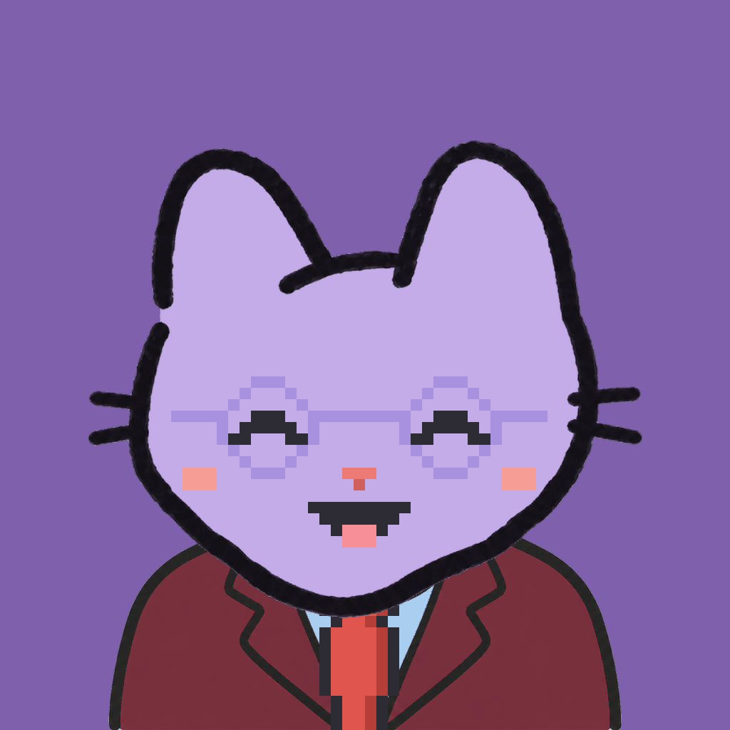 Employee #1420 — a lavender cat, in a burgundy suit, with a red tie, wearing round-lavender glasses, on plasma violet