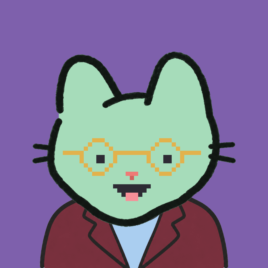 Employee #1421 — a mint cat, in a burgundy suit, wearing round-gold glasses, on plasma violet