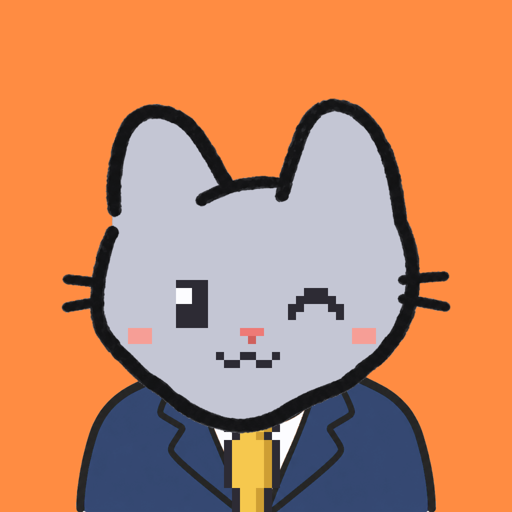 Employee #1422 — a gray cat, in a navy suit, with a gold tie, on tangerine